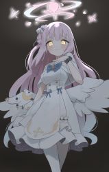Rule 34 | 1girl, absurdres, ainkun, angel wings, blue archive, blue bow, bow, capelet, dark, dress, flower, frilled dress, frills, glowing, glowing eyes, hair bun, hair flower, hair ornament, halo, hand on own chest, highres, long hair, looking at viewer, low wings, mika (blue archive), pantyhose, pink hair, scrunchie, single hair bun, solo, very long hair, white capelet, white dress, white pantyhose, white wings, wings, wrist scrunchie, yellow eyes