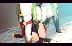 Rule 34 | 1girl, all fours, arm belt, bed sheet, breasts, c.c., code geass, creayus, detached sleeves, head out of frame, large breasts, letterboxed, long sleeves, on bed, pelvic curtain, shirt, solo, white shirt