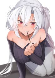 Rule 34 | 1girl, absurdres, bare shoulders, black nails, black sweater, blush, breasts, cleavage, collarbone, dark-skinned female, dark skin, food, food in mouth, glasses, grin, hair between eyes, highres, kantai collection, large breasts, long hair, looking at viewer, musashi (kancolle), musashi kai ni (kancolle), nail polish, off shoulder, pants, pocky, red eyes, ribbed sweater, rimless eyewear, silver hair, sleeves past wrists, smile, solo, sweater, twintails, white pants, yunamaro