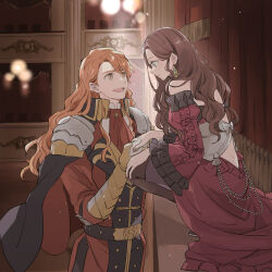 Rule 34 | 1boy, 1girl, armor, ascot, black cape, brown hair, cape, closed mouth, couple, dorothea arnault, dress, earrings, ferdinand von aegir, fire emblem, fire emblem: three houses, frilled sleeves, frills, full body, gloves, green eyes, hetero, highres, holding hands, indoors, jacket, jewelry, long hair, long sleeves, nintendo, open mouth, orange hair, pauldrons, profile, red ascot, red dress, red jacket, shoulder armor, smile, squatting, stage, standing, tenjin (ahan), white gloves, yellow eyes