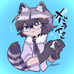 Rule 34 | 1girl, animal ear fluff, animal ears, bad id, bad twitter id, black gloves, black hair, black necktie, blue background, blue eyes, closed mouth, commentary request, common raccoon (kemono friends), cropped torso, earrings, fur collar, glasses, gloves, grey hair, grey shirt, hair between eyes, inactive account, jewelry, jmeysan, kemono friends, looking at viewer, multicolored hair, necktie, one eye closed, raccoon ears, raccoon tail, shirt, short hair, short sleeves, simple background, smile, solo, tail, translation request, twitter username, upper body