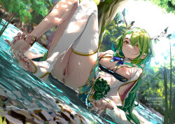 Rule 34 | 1girl, anklet, antlers, anus, barefoot, blue ribbon, blush, braid, braided bangs, breasts, censored, ceres fauna, ceres fauna (1st costume), day, dress, feet, flower, green hair, green nails, hair flower, hair ornament, hololive, hololive english, horns, jewelry, large breasts, legs, long hair, looking at viewer, mole, mole under eye, mosaic censoring, multicolored hair, nail polish, nipples, no panties, no shoes, off-shoulder dress, off shoulder, outdoors, pussy, ribbon, single thighhigh, sitting, soles, solo, stirrup legwear, streaked hair, sydus, thighhighs, toeless legwear, toenail polish, toenails, toes, virtual youtuber, water, wet, white thighhighs, yellow eyes
