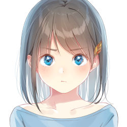 Rule 34 | 1girl, :t, blue eyes, blue shirt, brown hair, close-up, collarbone, dot nose, eye focus, hair ornament, hami yura, leaf hair ornament, looking at viewer, original, pout, shirt, simple background, solo, t-shirt, tsundere, white background