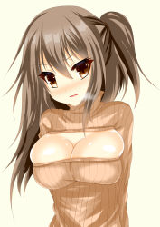 Rule 34 | 1girl, asymmetrical hair, ayasato karen, bad id, bad pixiv id, blush, breasts squeezed together, breasts, brown eyes, bursting breasts, cleavage, cleavage cutout, clothing cutout, highres, large breasts, light brown hair, looking at viewer, meme attire, one side up, open-chest sweater, open mouth, orange shirt, original, ribbed sweater, shirt, solo, sweater, turtleneck, upper body