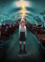 Rule 34 | 1girl, bicycle, black socks, closed eyes, collared shirt, expressionless, full body, graffiti, highres, isshiki (ffmania7), kaf (kamitsubaki studio), kamitsubaki studio, kneehighs, loafers, long hair, long sleeves, neck ribbon, outdoors, photo background, pink hair, red ribbon, ribbon, shirt, shoes, skirt, socks, solo focus, standing, tunnel, twintails, virtual youtuber, white shirt