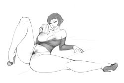 Rule 34 | 1girl, alcohol, amaha masane, bare shoulders, beer, beer mug, breasts, breasts out, cleft of venus, cup, female pubic hair, g-string, greyscale, high heels, highres, pussy, large breasts, lips, lm (legoman), mature female, monochrome, mug, navel, nipples, no bra, no pants, open shoes, panties, perky breasts, pubic hair, puffy nipples, short hair, solo, spread legs, stiletto heels, thick thighs, thighs, thong, underwear, wedgie, wide hips, witchblade