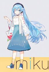 Rule 34 | 1girl, absurdres, aqua eyes, blue hair, blue skirt, blush, cross-laced footwear, hatsune miku, high-waist skirt, highres, long hair, looking at viewer, maple (57675110), one eye closed, open clothes, orange socks, parted lips, sidelocks, skirt, socks, solo, standing, twintails, vocaloid