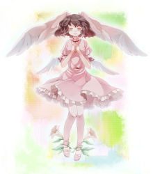 Rule 34 | 1girl, bad id, bad pixiv id, brown hair, chachi, chachi (azuzu), female focus, flower, own hands clasped, head wings, inaba tewi, own hands together, pantyhose, praying, short hair, smile, solo, touhou, wings