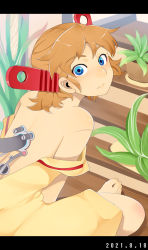 Rule 34 | 1girl, android, back, bare arms, bare legs, barefoot, blue eyes, blush, cable, clothes pull, dated, dress, dress pull, face, feet, flower pot, josette, kosame daizu, leaning forward, letterboxed, looking at viewer, looking back, no bra, original, plant, potted plant, robot ears, short hair, sitting, solo, toes, wonder project j2, yellow dress
