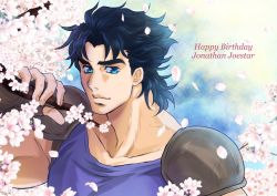Rule 34 | 1boy, armor, birthday, blue eyes, blue hair, blue shirt, branch, brown gloves, character name, cherry blossoms, closed mouth, collarbone, commentary request, english text, eyebrows, fingerless gloves, fingernails, flower, gloves, happy birthday, highres, holding, holding branch, jojo no kimyou na bouken, jonathan joestar, male focus, petals, phantom blood, pink flower, shimomura shizu, shirt, short hair, shoulder armor, solo, pauldrons, symbol-only commentary, thick eyebrows, branch