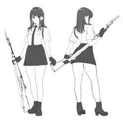 Rule 34 | 1girl, aiguillette, battle rifle, bayonet, boots, check weapon, collared shirt, full body, genso, gloves, greyscale, gun, gun sling, holding, holding weapon, long hair, looking at viewer, m14, miniskirt, monochrome, multiple views, necktie, original, pleated skirt, rifle, shirt, shirt tucked in, short sleeves, simple background, sketch, skirt, smile, straight hair, unfinished, uniform, weapon, white background, white shirt