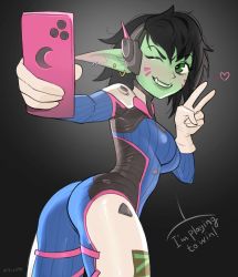 Rule 34 | 1girl, ass, black background, black hair, blue bodysuit, bodysuit, breasts, cellphone, colored skin, cosplay, d.va (overwatch), d.va (overwatch) (cosplay), ear piercing, earrings, female goblin, from behind, goblin, green eyes, green skin, grin, headphones, headset, heart, highres, holding, holding phone, jewelry, long pointy ears, looking back, medium breasts, one eye closed, original, overwatch, phone, piercing, pointy ears, roxxxan, selfie, smartphone, smartphone case, smile, solo, standing, tusks, v