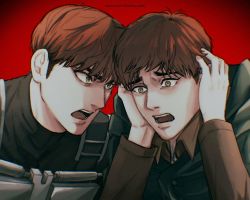 Rule 34 | 2boys, dual persona, exolefirstclass, floch forster, highres, male focus, multiple boys, open mouth, red background, scared, shingeki no kyojin, short hair, simple background, tearing up, time paradox, yellow eyes