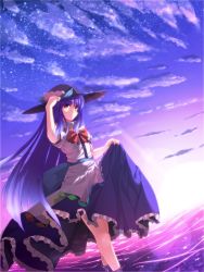 Rule 34 | 1girl, blue hair, clothes lift, cloud, dress, female focus, food, fruit, hand on headwear, hat, highres, hinanawi tenshi, lens flare, long hair, peach, red eyes, ryosios, skirt, skirt lift, smile, solo, sunrise, touhou, wading, water