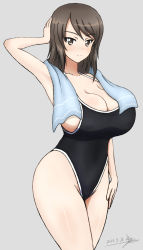 Rule 34 | 1girl, absurdres, black one-piece swimsuit, blush, breasts, brown eyes, brown hair, bukkuri, cleavage, closed mouth, collarbone, dated, girls und panzer, grey background, highres, large breasts, looking at viewer, mika (girls und panzer), one-piece swimsuit, shiny skin, short hair, simple background, smile, solo, swimsuit