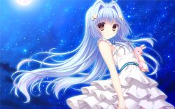 Rule 34 | 1girl, :o, blue hair, brown eyes, chuunibyou na kanojo no love equation, dress, frilled dress, frills, from side, game cg, hair intakes, hair ornament, hoshino spica, long hair, looking at viewer, moon, night, sky, solo, star (sky), star (symbol), star hair ornament, starry sky, stuffed toy, very long hair, white dress, wind, yukie (peach candy)