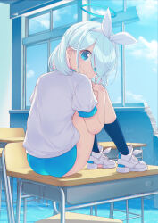 Rule 34 | 1girl, 40hara, arona (blue archive), ass, blue archive, blue buruma, blue eyes, blue hair, blue halo, blue pupils, blue sky, blue socks, bow hairband, braid, buruma, chair, closed mouth, cloud, colored inner hair, commentary request, desk, from behind, gym shirt, gym uniform, hair over one eye, hairband, halo, highres, kneehighs, knees up, light blue hair, looking at viewer, looking back, multicolored hair, on desk, pink hair, school chair, school desk, shirt, shoes, short hair, short sleeves, single braid, sitting, on desk, sky, smile, sneakers, socks, solo, white footwear, white hairband, white shirt