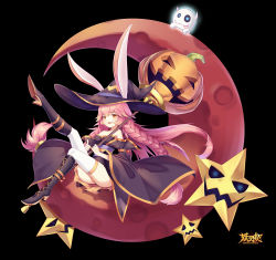 Rule 34 | 1girl, :d, animal ears, bare shoulders, black background, black hat, blush, boots, braid, breasts, brown eyes, brown footwear, crescent moon, cross-laced footwear, detached sleeves, ge zhong kuaile, ghost, halloween, hat, highres, holding, holding staff, jack-o&#039;-lantern, knee boots, leg up, long hair, moon, obi, official art, on crescent, open mouth, over shoulder, panties, pantyshot, pumpkin, rabbit ears, sash, simple background, sitting, small breasts, smile, solo, spirits contract, staff, star (symbol), thighhighs, tongue, tongue out, twin braids, underwear, very long hair, white thighhighs, wide sleeves, witch, witch hat