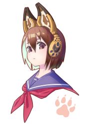 Rule 34 | 1girl, animal ear headphones, animal ears, blush, brown eyes, brown hair, commentary, fake animal ears, fox ears, hair between eyes, headphones, highres, jaco, looking at viewer, neckerchief, original, sailor collar, short hair, simple background, solo, white background