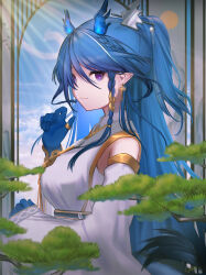 Rule 34 | 1girl, absurdres, arknights, bare shoulders, blue hair, braid, breasts, closed mouth, colored skin, detached sleeves, dragon girl, dragon horns, dress, earrings, from side, gloves, hair between eyes, highres, horns, jewelry, large breasts, ling (arknights), long hair, long sleeves, looking at viewer, looking to the side, multicolored hair, official alternate costume, pointy ears, purple eyes, smile, solo, streaked hair, upper body, very long hair, white dress, wide sleeves, yunnasu