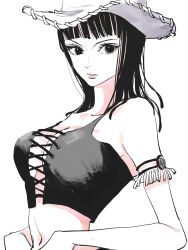 Rule 34 | 1girl, armlet, black eyes, black hair, blunt bangs, cowboy hat, crop top, cross-laced clothes, cross-laced top, hat, highres, looking at viewer, medium hair, needbee r, nico robin, one piece, simple background, solo, upper body, white background