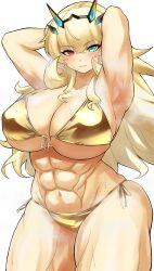 Rule 34 | 1girl, abs, absurdres, bare shoulders, barghest (fate), biceps, bikini, blonde hair, blush, breasts, cleavage, collarbone, fate/grand order, fate (series), green eyes, grin, highres, horns, large breasts, long hair, looking at viewer, muscular, muscular female, navel, puroteinaa, red eyes, smile, solo, swimsuit, thick thighs, thighs