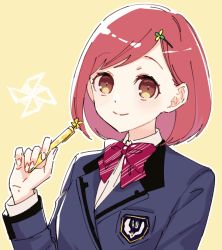 Rule 34 | 1girl, blazer, blue jacket, bob cut, bow, bowtie, closed mouth, collared shirt, habataki academy school uniform, hair ornament, hairclip, hand up, holding, holding pencil, jacket, long sleeves, looking at viewer, matumanda, mechanical pencil, pencil, pink bow, pink bowtie, pink hair, pinwheel, protagonist (tokimemo gs4), school uniform, shirt, short hair, simple background, smile, solo, swept bangs, tokimeki memorial, tokimeki memorial girl&#039;s side 4th heart, upper body, white shirt, yellow background