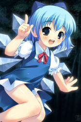 Rule 34 | 1girl, :d, akiba hideki, blouse, blue bow, blue dress, blue eyes, blue hair, blush, bow, cirno, dress, hair bow, ice, ice wings, index finger raised, looking at viewer, neck ribbon, open mouth, puffy short sleeves, puffy sleeves, red ribbon, ribbon, round teeth, shirt, short hair, short sleeves, smile, solo, teeth, touhou, white shirt, wing collar, wings