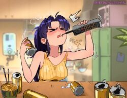 Rule 34 | 1girl, beer can, blush, breasts, can, cup ramen, drink can, drunk, earrings, food, highres, holding, holding can, jewelry, katsuragi misato, kitchen, medium breasts, neon genesis evangelion, noodles, open mouth, patreon username, phone, purple hair, ramen, snegovski, solo, squeans, table