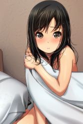 Rule 34 | 1girl, absurdres, bed, bed sheet, black hair, blush, brown eyes, closed mouth, covering privates, highres, light smile, long hair, looking at viewer, matsunaga kouyou, naked sheet, nose blush, nude cover, on bed, original, pillow, solo