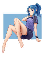 Rule 34 | 1girl, absurdres, alice gear aegis, aomoro, bare legs, barefoot, blue hair, breasts, closed mouth, commentary request, dated, dated commentary, feet, full body, hand up, highres, long hair, looking away, parted bangs, ponytail, purple eyes, purple shirt, purple shorts, shirt, short shorts, short sleeves, shorts, sidelocks, signature, simple background, solo, takanashi rei, two-tone background, wristband