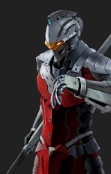 Rule 34 | 1boy, absurdres, armor, cowboy shot, full armor, gauntlets, glowing, glowing eyes, grey background, helmet, highres, holding, holding weapon, looking at viewer, male focus, shoulder armor, simple background, solo, pauldrons, ultra series, ultraman, weapon, xiniu r&amp;f (lande hua hua)