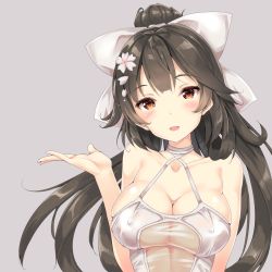Rule 34 | 1girl, azur lane, black hair, bow, breasts, brown eyes, casual one-piece swimsuit, cleavage, flower, fukuda shuushi, grey background, hair bow, hair flaps, hair flower, hair ornament, hand up, highres, large breasts, long hair, looking at viewer, one-piece swimsuit, open mouth, ponytail, simple background, smile, solo, swimsuit, takao (azur lane), takao (beach rhapsody) (azur lane), upper body, very long hair, white bow, white one-piece swimsuit