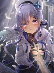 Rule 34 | 1girl, absurdres, amane kanata, amane kanata (work), angel, angel wings, beret, blue hair, colored inner hair, curtains, dress, fingerless gloves, ghost, gloves, hair ornament, hair rings, hairclip, hand grab, hat, highres, hololive, hood, hoodie, intravenous drip, jewelry, light rays, long hair, looking at viewer, multicolored hair, necklace, open mouth, partially fingerless gloves, silver hair, solo focus, spirit, tears, two-tone hair, virtual youtuber, wings, yukikawa sara