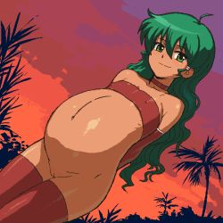 Rule 34 | 00s, choker, deltora quest, elbow gloves, flat chest, gloves, green eyes, green hair, happy, jasmine (deltora quest), long hair, oekaki, pregnant, pussy, smile, strapless, tenseiani, thighhighs, tube top, uncensored