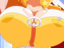 Rule 34 | 00s, 1girl, animated, animated gif, bouncing breasts, breasts, cleavage, earrings, female focus, huge breasts, jacket, jewelry, long hair, magical teacher komachi, motion blur, necklace, nurse witch komugi-chan, red hair, solo, star (symbol), star necklace, teacher, upper body