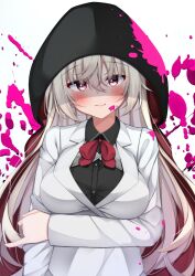 Rule 34 | 1girl, akizuki kanna, arm under breasts, black cape, black ribbon, black shirt, blood, blood on face, blush, breasts, cafe stella to shinigami no chou, cape, closed mouth, collared shirt, commentary, crossed bangs, grabbing own arm, hair spread out, highres, hood, hood up, jacket, large breasts, long hair, looking at viewer, pink blood, red eyes, ribbon, shaded face, shinigami, shirt, simple background, smile, solo, straight-on, upper body, very long hair, white background, white hair, white jacket, yosh1na