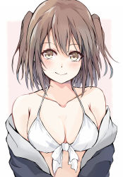 Rule 34 | 1girl, bikini, breasts, brown eyes, brown hair, collarbone, dairyo3, front-tie bikini top, front-tie top, highres, kantai collection, medium hair, sendai (kancolle), small breasts, smile, solo, swimsuit, two side up, upper body, white bikini