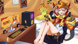 Rule 34 | 1girl, absurdres, ahoge, barefoot, bed, chair, commission, computer keyboard, computer mouse, ferdian (wanieunz028), gigi murin, highres, hololive, hololive english, hood, hoodie, indoors, monitor, pants, pink eyes, sharp teeth, shorts, sitting, speaker, tail, teeth, virtual youtuber, youtube creator award, zipper