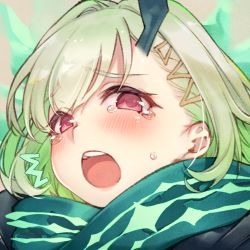Rule 34 | 1girl, :o, beige background, blush, crying, crying with eyes open, green hair, hair between eyes, hair ornament, horns, little match girl (sinoalice), looking at viewer, open mouth, profile, red eyes, scarf, short sleeves, simple background, single horn, sinoalice, solo, tears, teroru