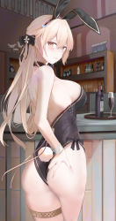 Rule 34 | 1girl, animal ears, ass, backless leotard, bare back, bare shoulders, black leotard, blonde hair, blurry, bottle, bow, breasts, champagne flute, choker, commentary request, cowboy shot, cup, depth of field, drinking glass, fake animal ears, fake tail, from side, girls&#039; frontline, hair bow, hairband, hand on own ass, has bad revision, has downscaled revision, highres, large breasts, leg belt, leotard, long hair, looking at viewer, looking back, md5 mismatch, open mouth, ots-14 (girls&#039; frontline), playboy bunny, rabbit ears, rabbit tail, resolution mismatch, ru zhai, shelf, solo, source smaller, sweat, tail, thigh strap, thighhighs, waitress, wine bottle, wrist cuffs, yellow eyes