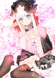 Rule 34 | 1girl, absurdres, black dress, blue eyes, blush, bow, brown thighhighs, closed mouth, collar, commentary request, detached sleeves, dress, frilled dress, frilled sleeves, frills, garter straps, hair ribbon, highres, leaning to the side, long hair, long sleeves, menghuan tian, metal collar, hugging object, original, pillow, pillow hug, pointy ears, red ribbon, ribbon, see-through, signature, sitting, sleeveless, sleeveless dress, solo, thighhighs, very long hair, wavy mouth, white bow, white hair, wide sleeves, yokozuwari