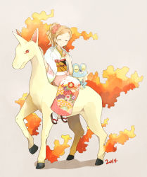 Rule 34 | 10s, 1girl, 2014, alternate hairstyle, bad id, bad pixiv id, blonde hair, closed eyes, creatures (company), fiery tail, fire, flower, froakie, game freak, gen 1 pokemon, gen 6 pokemon, geta, hair flower, hair ornament, horse, horseback riding, japanese clothes, kimono, long hair, md5 mismatch, mei (maysroom), nintendo, pokemon, pokemon (creature), pokemon xy, rapidash, riding, riding pokemon, rose, serena (pokemon), smile, tabi, tail
