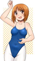 Rule 34 | 1girl, blue leotard, blush, breasts, brown eyes, cleavage, collarbone, covered navel, girls und panzer, large breasts, leotard, looking at viewer, nishizumi miho, open mouth, orange hair, pantyhose, polka dot, polka dot background, solo, uona telepin, white pantyhose
