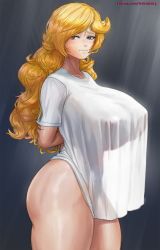 Rule 34 | 1girl, alternate breast size, black background, blonde hair, blouse, blue eyes, blush, breasts, closed mouth, collarbone, covered erect nipples, curvy, embarrassed, eyelashes, from side, gigantic breasts, hair over one eye, half-closed eyes, highres, long hair, looking at viewer, mario (series), naked shirt, nintendo, no panties, rosalina, see-through, shiny skin, shirt, solo, super mario galaxy, superbusty, sweat, t-shirt, thick thighs, thighs, very long hair, watermark, wavy hair, wavy mouth, web address, white shirt, wide hips