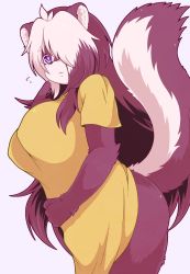 Rule 34 | 1girl, furry, furry female, highres, multicolored hair, neguchi69, no pants, pointing, pointing at self, purple eyes, purple hair, skunk, solo, sweater, two-tone hair, white hair