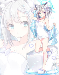 Rule 34 | 1girl, animal ear fluff, animal ears, blue archive, blue eyes, blue halo, blush, breasts, cleavage, collarbone, cross hair ornament, female focus, grey hair, hair between eyes, hair ornament, halo, heart, looking at viewer, medium breasts, medium hair, parted lips, shampoo bottle, shiroko (blue archive), slippers, solo, subin (subin 2011), towel, white towel, wolf ears, zoom layer