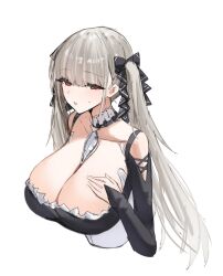 Rule 34 | 1girl, azur lane, between breasts, black dress, blunt bangs, breasts, cleavage, clothing cutout, dress, formidable (azur lane), frilled dress, frills, grey hair, hand on own chest, horn/wood, huge breasts, long hair, long sleeves, looking at viewer, open mouth, red eyes, shoulder cutout, simple background, solo, twintails, upper body, white background
