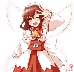 Rule 34 | 1girl, ascot, brown hair, cosplay, cowboy shot, dated, dress, fairy wings, fang, frilled dress, frills, highres, ikazuchi (kancolle), kanon (kurogane knights), kantai collection, looking at viewer, maid headdress, one eye closed, open mouth, red skirt, short hair, simple background, skirt, smile, solo, sunny milk, sunny milk (cosplay), touhou, white background, white dress, wings, yellow ascot