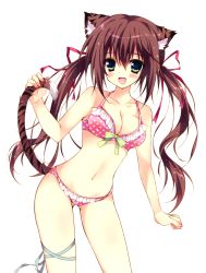 Rule 34 | 1girl, :d, absurdres, animal ears, bikini, breasts, brown hair, cleavage, green eyes, herurun, highres, leg ribbon, long hair, navel, open mouth, original, pink bikini, polka dot, polka dot swimsuit, ribbon, simple background, smile, solo, swimsuit, tail, thigh ribbon, tiger ears, tiger tail, twintails, white background